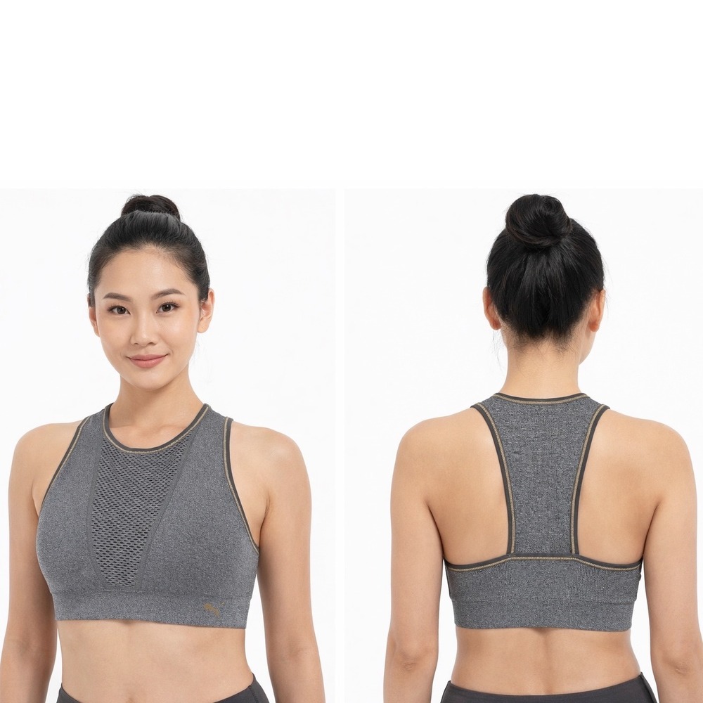 Puma Heather Grey Mesh High Neck Racerback Sports‎ Bra Gold Logo M Gym 104-68